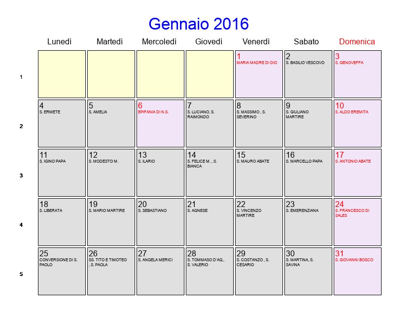 Calendario da stampare - Gennaio 2016