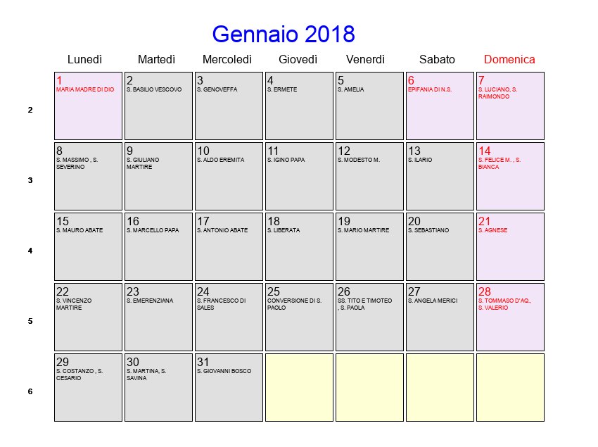 Calendario da stampare - Gennaio 2018