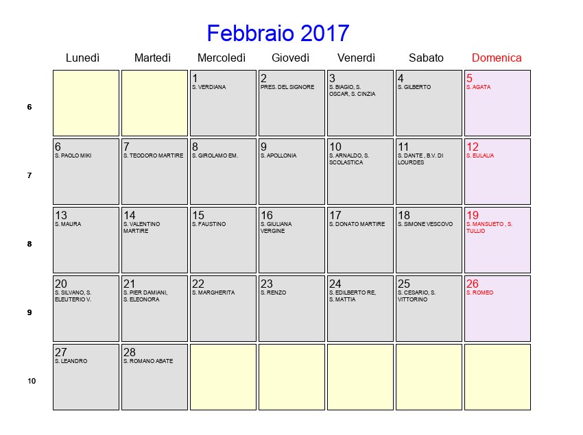 Calendario da stampare - Febbraio 2017