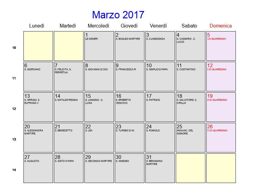 Calendario da stampare - Marzo 2017