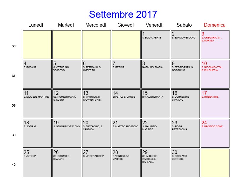 Calendario da stampare - Settembre 2017