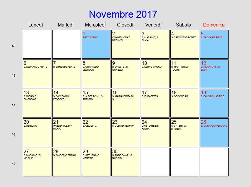 Calendario da stampare - Novembre 2017