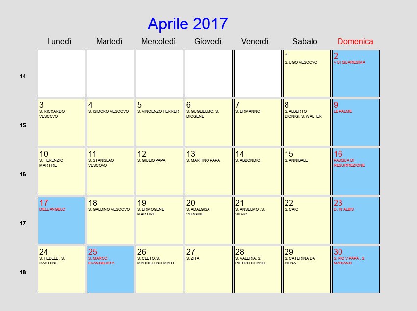 Calendario da stampare - Aprile 2017