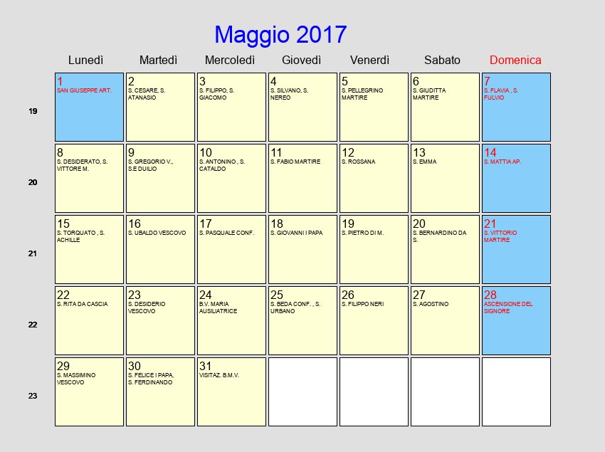 Calendario da stampare - Maggio 2017