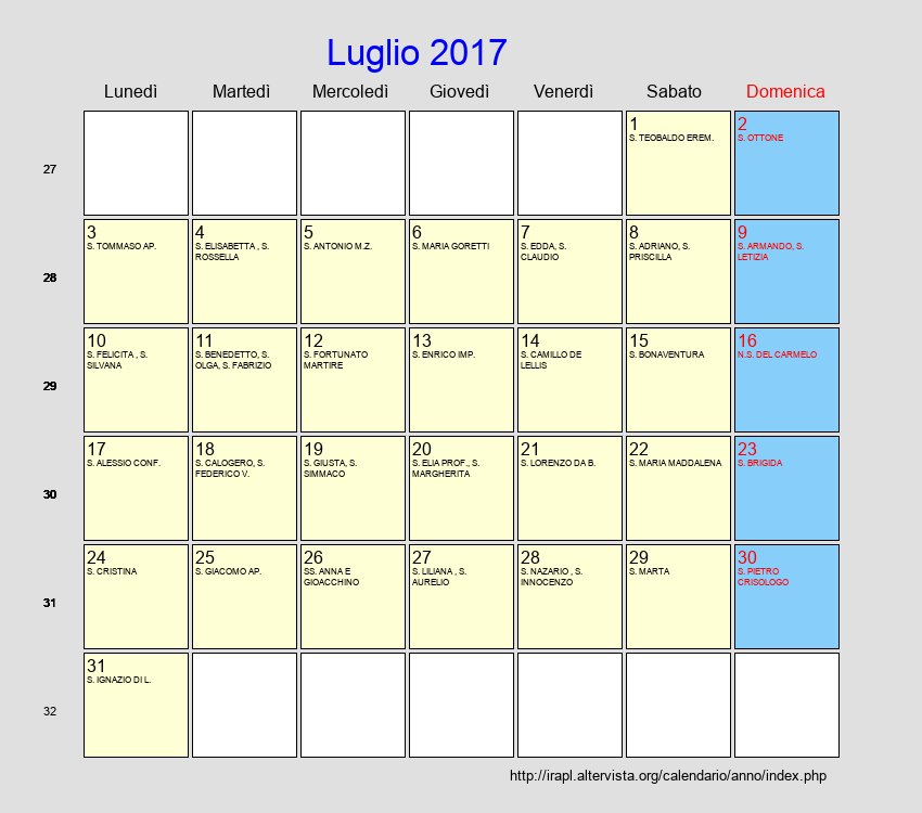 Calendario da stampare - Luglio 2017