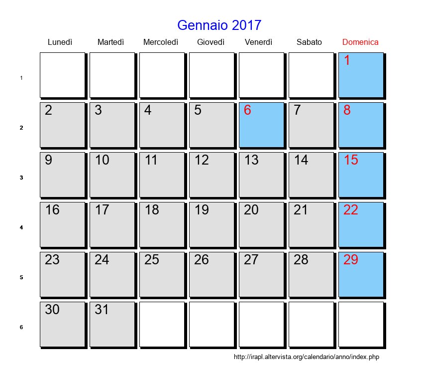 Calendario da stampare - Gennaio 2017