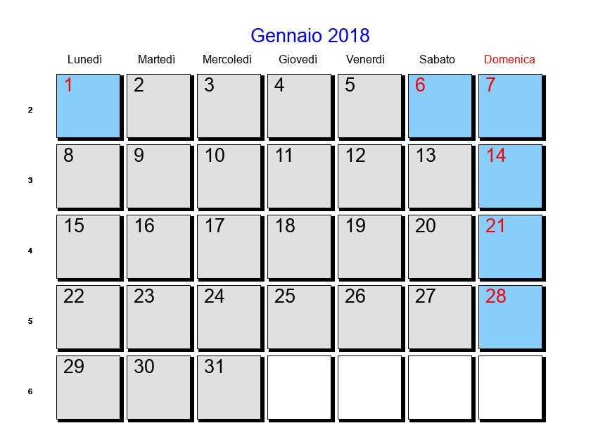 Calendario da stampare - Gennaio 2018