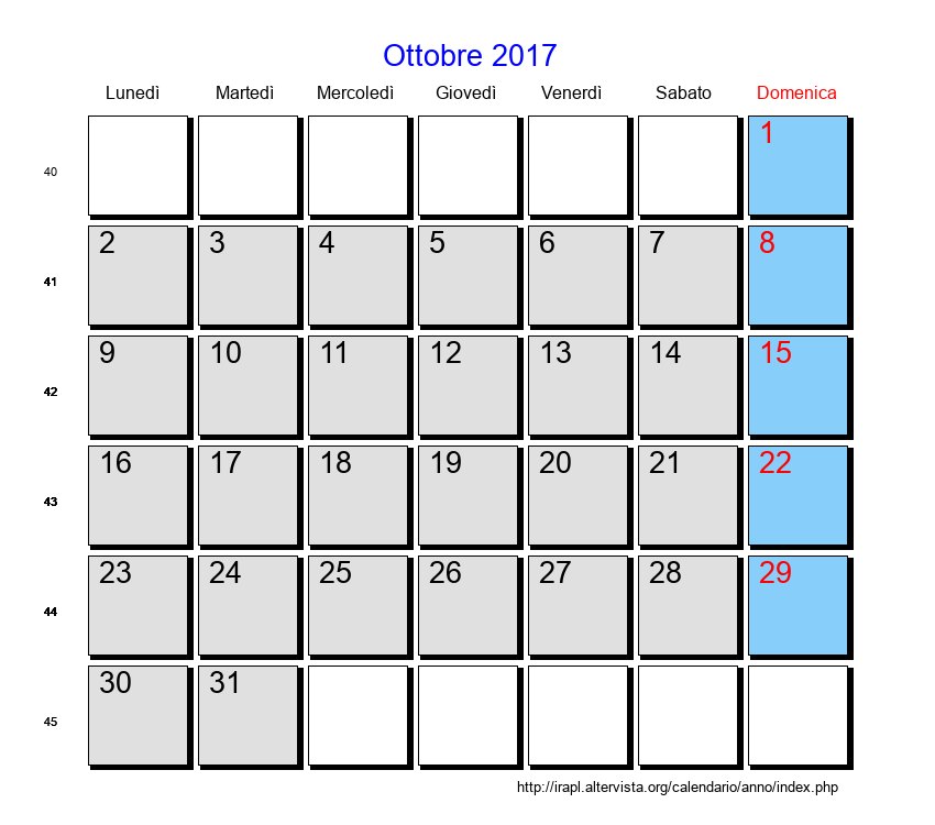 Calendario da stampare - Ottobre 2017