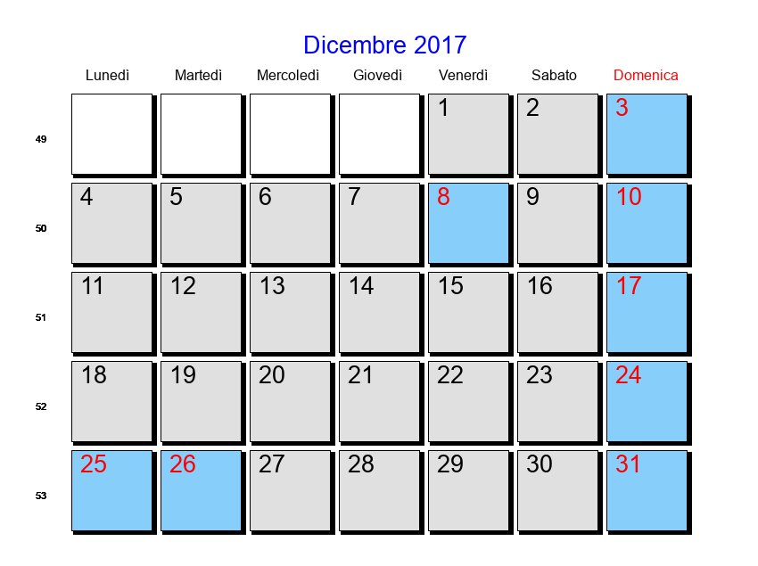 Calendario da stampare - Dicembre 2017