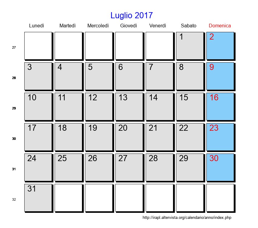 Calendario da stampare - Luglio 2017