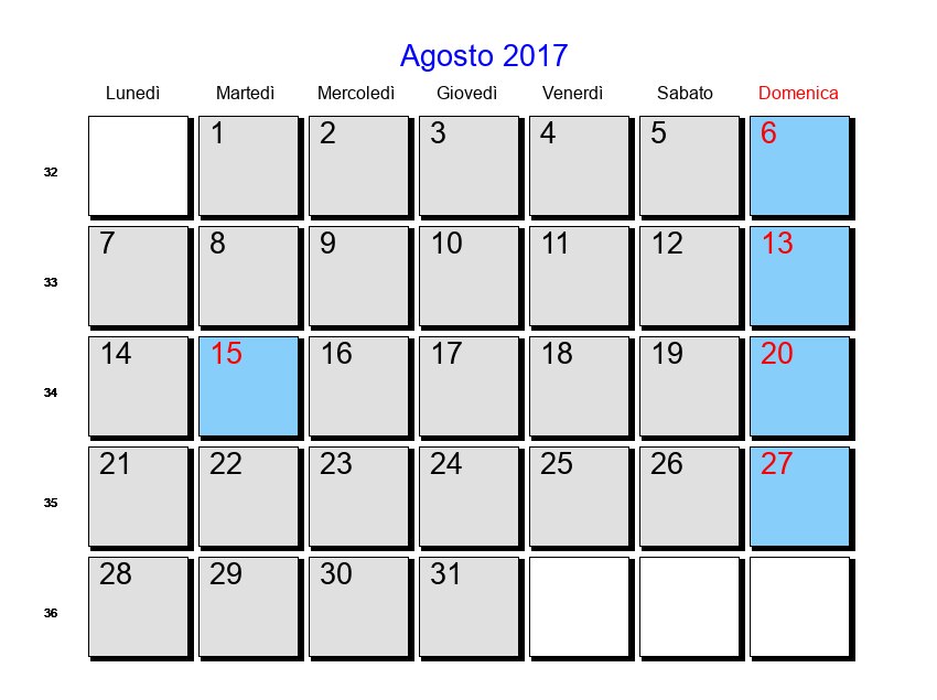 Calendario da stampare - Agosto 2017