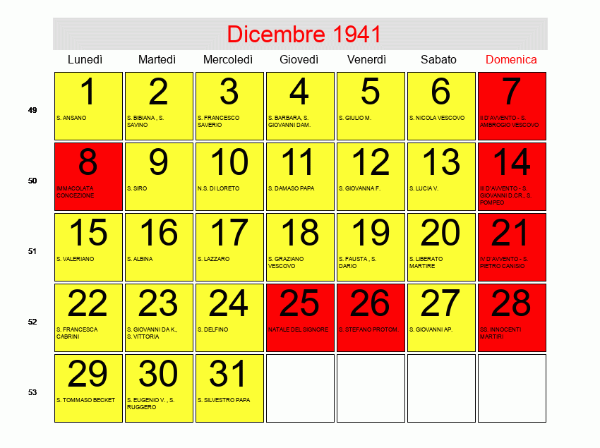 Calendario di Dicembre 1941 Avvento,