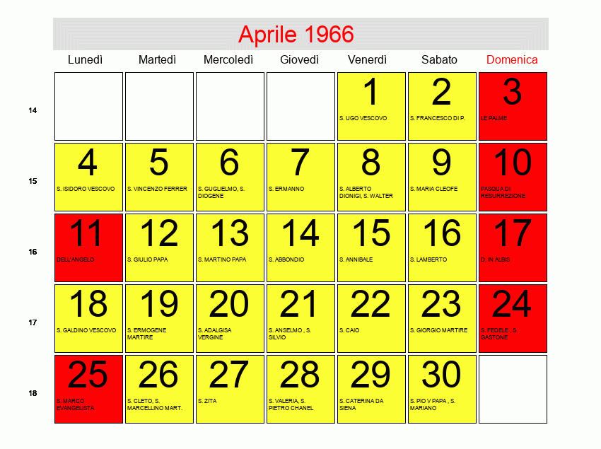 Calendario di Aprile 1966 Le Palme, data di Pasqua,