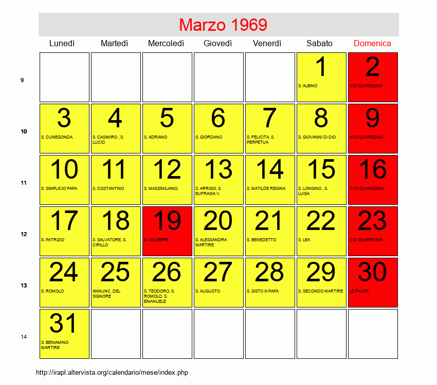 Calendario di Marzo 1969 Quaresima, Le Palme,